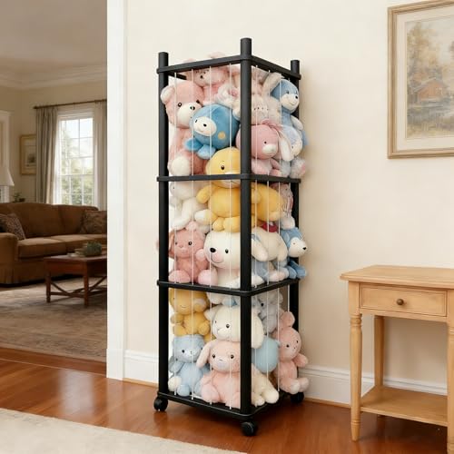 Stuffed Animal Zoo Storage with Lockable Wheels, Black | Sturdy Solid Wood Toy Organizer, Large Capacity Plush Toy Cage, Space-Saving for Toddler/Playrooms/Bedrooms - color: Black