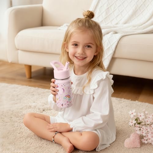 14 Oz Kids Water Bottle, Stainless Steel Water Bottle with Straws, Leak-Proof, BPA-Free, Insulated Water Bottles for School Boys & Girls|Pink Unicorn - color: Pink cartoon unicorn