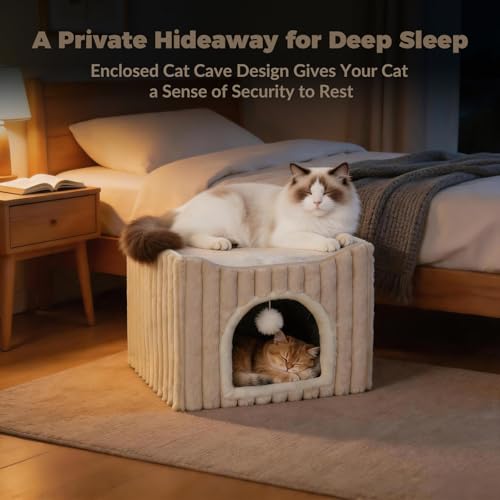 Avont 3-in-1 Cat Cave Bed for Indoor Cats with Scratch Pad | Scratch Pad & Hanging Ball, Large Hideaway for up to 20 LBS, Washable Cushion, Foldable Design, Available in Grey & Cream - color: Cream