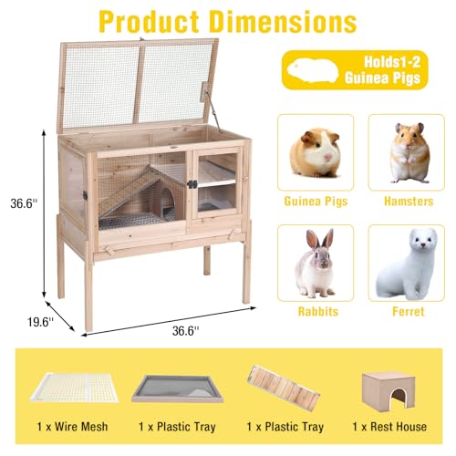 Aivituvin 2-Story Indoor Rabbit Hutch Guinea Pig Cage with Stand, Wooden Bunny Cage Small Animal Cages with Chew-Proof Ramp, Pull-Out Tray & Leakproof PVC Layer (Natural Wood) - color: (Natural Wood)