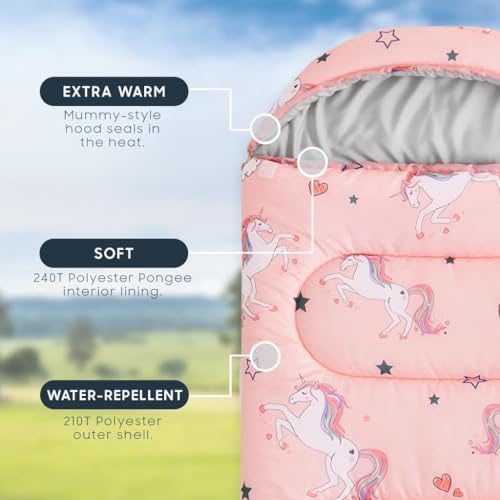 Wake In Cloud - Kids Sleeping Bag for Girls Toddlers, Camping in Warm Cold Weather, Backpacking Lightweight Compact Outdoor Liner for 3 Seasons, Unicorns Stars Hearts - color: Light Pink