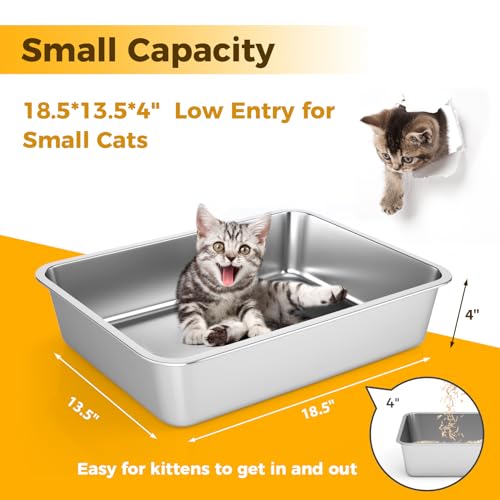 Stainless Steel Cat Litter Box,Extra Large Metal Litter Box,18Lx14x4 in | Extra Large Metal Litter Tray for Big Cats Kitty Rabbits,No Smell,Non Stick,Easy to Clean - color: 4"H, size: 18"L x 14"W