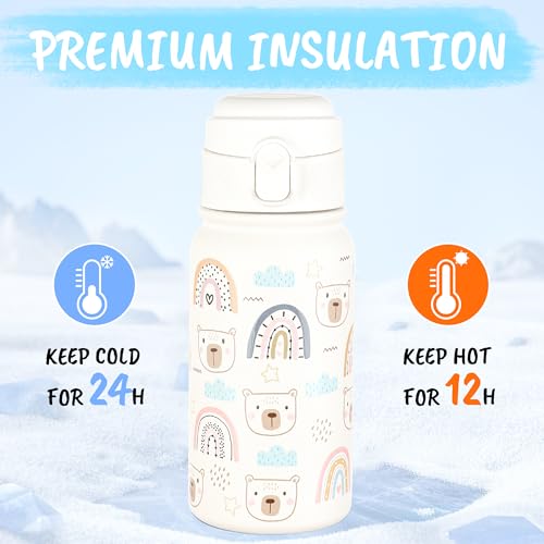 GOPPUS Kids Insulated Water Bottle 12oz, Leakproof Stainless Steel Thermos, BPA Free Double Wall Vacuum Insulated Bottle for School, Travel, Sports & Outdoor Activities, Boys Girls - color: White bear