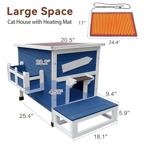 Rockever Large Outdoor Cat House with Heating Pad, Wooden Feral Cat Shelter | Weatherproof blue wooden shelter with escape door for feral cats, offering a spacious, warm and secure refuge for outdoor use