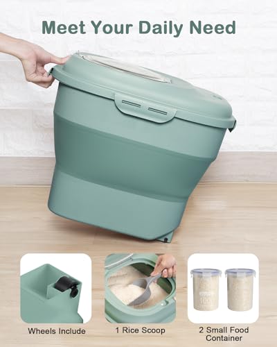20-50 Lbs Food Storage Containers,Collapsible Rice Container with Wheel Airtight Locking Lid,Flour Storage Container with Small Food Jar and Scoop,Suitable for Food,Rice,Pet Food,Flour - color: Green/20-50LBS