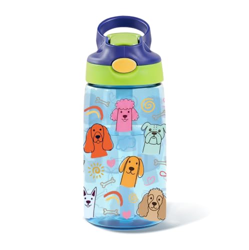 Kids Plastic Water Bottle - Cartoon Dogs Water Bottle for Kids, 14oz Plastic Water Bottles with Straw Lid, Leakproof BPA-Free Dogs Water Bottles for Home Sports Travel, Pop-Up Straw Cover, Blue - color: Dog