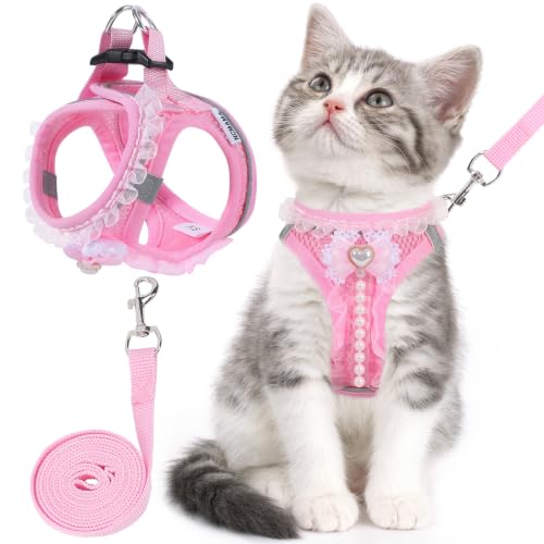 Cat Harness and Leash Set Escape Proof Walk Harness for Cats Pink XS | Cute Pearls Lace Bow,Safe Reflective Strips,Breathable Soft Mesh,No Stress,Easy Wear,Adjustable Velcro,Nylon Leash,for Bunny - size: XS