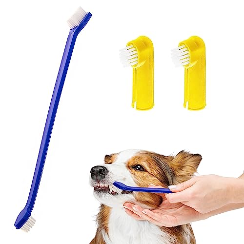 SunGrow Dog & Ferret Toothbrush Set of 4, 2 Long Dual-Headed and 2 Finger Brush, Blue and Yellow, Puppy, Cat, and Small Breed Dog, 9-Inches and 2.5-Inches