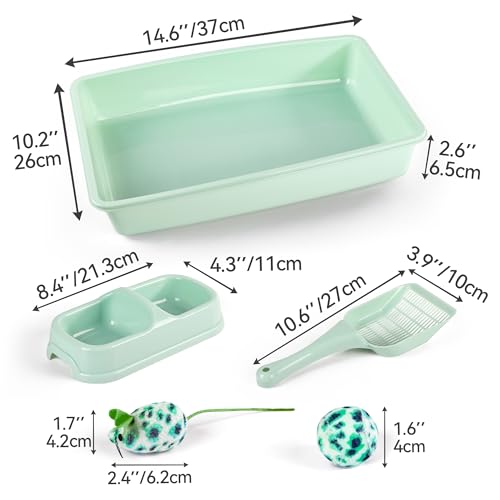 PAWISE Cat Litter Box Set, Small Kitten Starter Kit, Includes Litter Box, Litter Scoop, Double Dish Feeding Bowl, Cat Mouse Toy, Kitty Ball Toy, Green - color: Green
