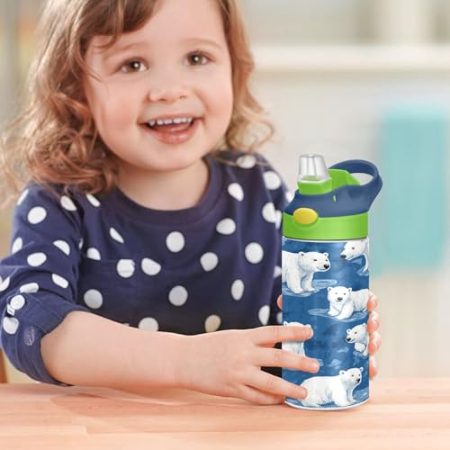 OTVEE Cartoon Polar Bear Kids Water Bottle with Straw Lid 12 oz Insulated Stainless Steel Leakproof Duck Mouth Tumbler Cup for Boys Girls Teen School - color: Cartoon Polar Bear