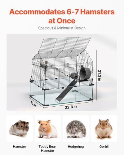 VEVOR Hamster Cage, 360°Viewing Transparent Hamster Habitats, Small Animal Cage, 22.8 x 15 x 21.3 in, Ventilated Pet Mouse Cages with Water Bottle, Portable Hamster House for Rats, Guinea Pigs - size: 22.8"L x 15.0"W x 21.3"H