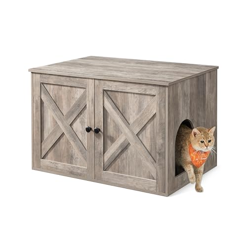 Feandrea Cat Litter Box Enclosure, Litter Box Furniture Hidden, Indoor Cat House, End Table, 27.6 x 19.7 x 19.7 Inches, Heather Greige UPCL022K01 - color: Greige, size: M（27.6"L x 19.7"W x 19.7 "H）