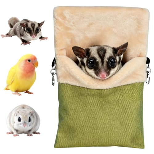 Hanging Sugar Glider Pouch Warm Hammock Pet Sleeping Bag (Green,Small) | Back-slant design fits cages perfectly. Features a rear pocket for heating pads. Soft, cozy plush lining for rat squirrel - color: Green, size: Small