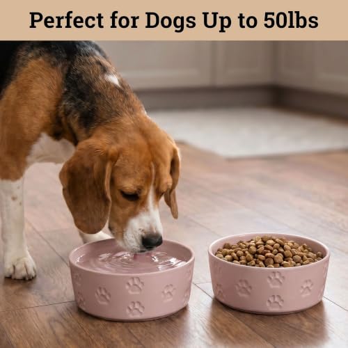 Ceramic Dog Bowl Set of 2 w/ Anti-Skid Base 6.5"W x 2.5"H, 3.8 Cup Capacity | Thick Ceramic, Dishwasher Safe, Anti-Skid Rubber Base, 3.8 Cups per Bowl, Ceramic Food & Water Bowls Set of 2 for Medium Dogs - color: Blush Pink, size: Medium