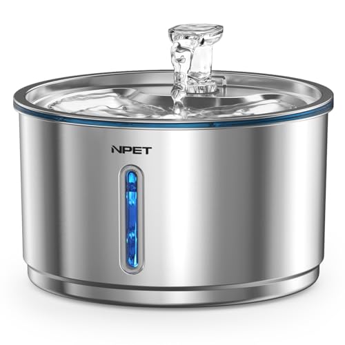 NPET Stainless Steel Cat Water Fountain, 1Gallon/135oz Automatic Pet Drinking Fountain Dog Water Dispenser Bowl with Water Level Window for Cats Indoor - WF210Plus