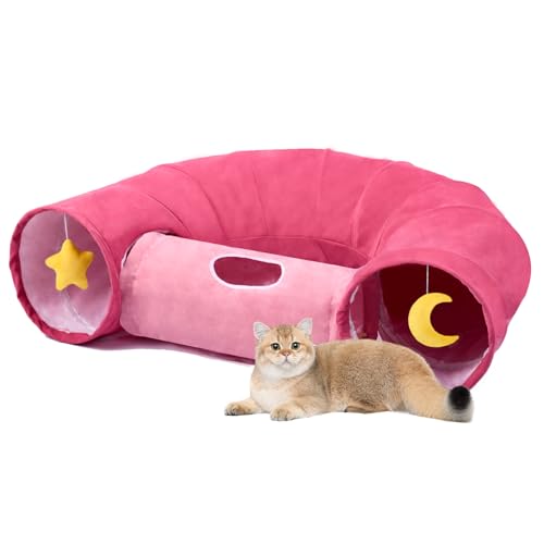 Cat Tunnel, Large Indoor Durable Collapsible Interactive Cat Tube with Peek-A-Boo Hole, Hanging Toys, and Crinkly Paper Lining - Cute Tunnel for Cats, Kittens, Puppies & Rabbits, Pink - color: PINK