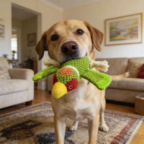 Dog Squeaky Toys Plush Mallard Duck Dog Chew Toy with Knotted Rope Tassels, Teething Interactive Tug Toy for Small, Medium and Large Dogs - color: Green Bird