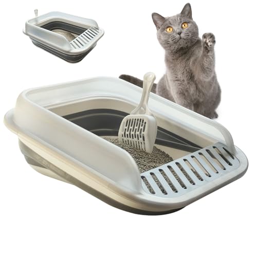 Low Entry Kitten Litter Box Collapsible Shallow Litter Box | Senior Cats Anti-Splashing Kitty Training Open Potty Pan Scoop Leak-proof pedal Cat Toilet No Smell Easy Clean - color: Grey, size: Large