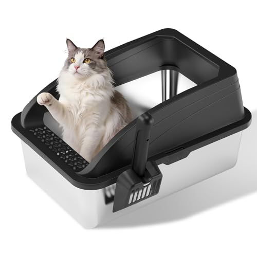 Stainless Steel Litter Box, Metal Litter Box with Scoop, High-Sided Leak-Proof Design, Non-Stick Base, Easy to Clean for Cat, Rabbit, Guinea Pigs and Hamsters (Black) - color: Black