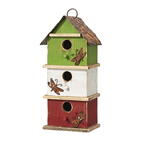 Glitzhome Bird Houses for Outside, 13.75" H Multicolored Three-Tiered Distressed Solid Wood Birdhouse Garden Hanging Bird House for Outdoors - color: 13.75"H Multicolored