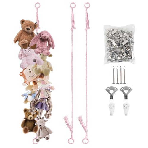 Munzong Pink Hanging Stuffed Animal Storage Chain, 40 Metal Clips 80 Inch | Wall Mount Cotton Stuffed Animal Display Holder for Corner Wall Decor Play Room - color: Pink, size: 2 Pack