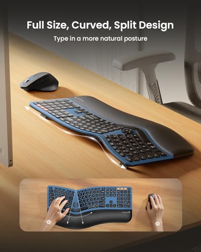 ProtoArc EKM01 Plus Wireless Ergonomic Keyboard Mouse Combo - Blue | Full-size Split Keyboard with Cushioned Wrist Rest, Ergonomic Mouse, 3-Device Bluetooth/2.4G, USB-C Rechargeable - color: Blue