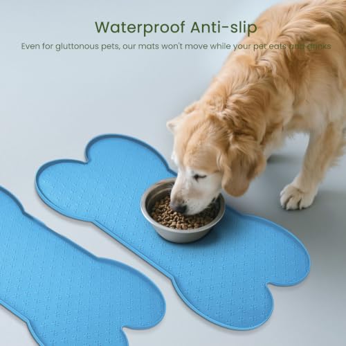 PWTAA Dog Food Mat Anti-Slip Silicone Dog Bowl Mat Thicker Pet Placemat Waterproof Cat Feeder Pad with Raised Edge Puppy Kitten Feeding Mats Suitable Small Medium-Sized Dogs Cats Eating Tray - 2PCS - color: Blue, size: 19.4" x 9.8"-2PCS