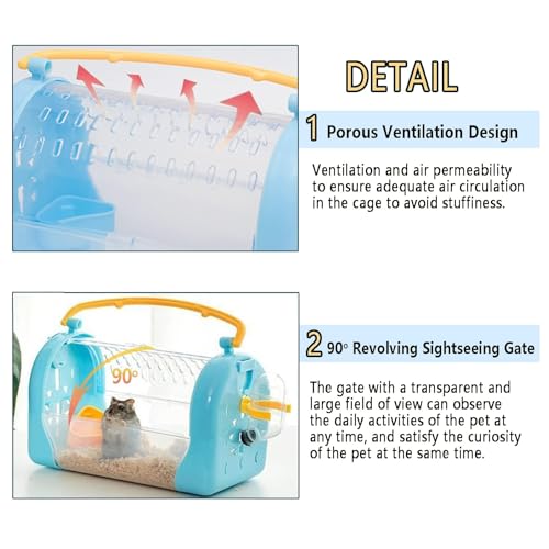 kathson Portable Hamster Cage Dwarf Hamster Carry Travel Cage with Water Bottle Food Bowl Adjustable Strap Pet Outgoing Cage for Gerbil Hedgehog Mice Squirrel - color: Hamster Carriers Blue