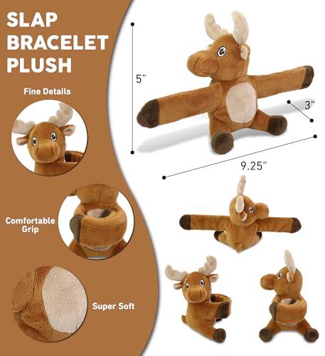 DolliBu Moose Stuffed Animal Slap Bracelet - Fluffy Wild Animal Magnetic Snap Bracelet for Kids, Wearable Plush Slap Bracelet Wrist Band Toy for Children's Accessory, Play and Party Favor - 5 Inch