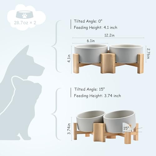 SPUNKYJUNKY 15° Slanted Ceramic Dog and Cat Bowl with Wooden Stand, Tilted Bulldog Food and Water Bowl No Slip Non-Spill for Cats Medium Dogs Big Face Pets 28.7 OZ (3.6 Cups, Grey × 2) - color: Grey, size: 3.6 CUPS × 2