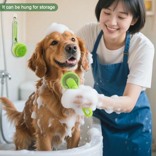 Pet Bath Brush, 2 in 1 Dog Bath Brush with Built-in Shampoo Dispenser, Pet Wash Brush with Double Head Toothbrush, Grooming Massage Brush for Dogs & Cats - color: Green