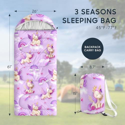 Wake In Cloud - Kids Sleeping Bag for Girls Toddlers, Camping in Warm Cold Weather, Backpacking Lightweight Compact Outdoor Liner for 3 Seasons, 3D Winged Unicorns