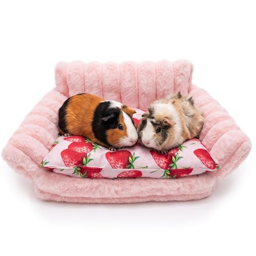 Guinea Pig Bed, Washable Fleece Pink Small Pet Cage Accessories | Strawberry Cozy Small Animal Sofa Couch for Guinea Pig, Bunny, Chinchilla, Hamster, Ferret, Hedgehog