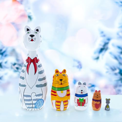 BestPysanky Four Cats and Mouse Wooden Nesting Dolls 7 Inches