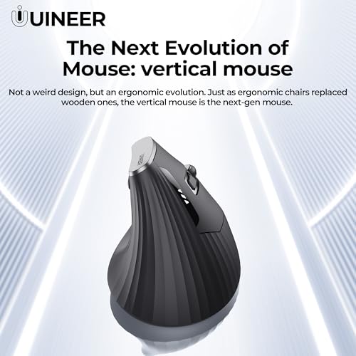 Uineer Ergonomic Vertical Mouse, 2.4G Wireless Mouse, Rechargeable, 4-DPI | Right-handed vertical design with 2.4G USB-A connection, rechargeable battery and visible battery level. - color: Black