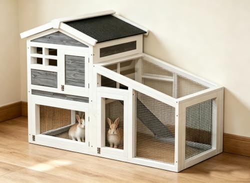 54" 2-Tier Wooden Rabbit Hutch with Run, Small Animal Cage with Removable Tray, Ramp, 6 Access Doors & Asphalt Roof, Weather-Resistant Bunny House for Rabbits, Guinea Pigs, Chinchillas, Gray & White - color: Gray