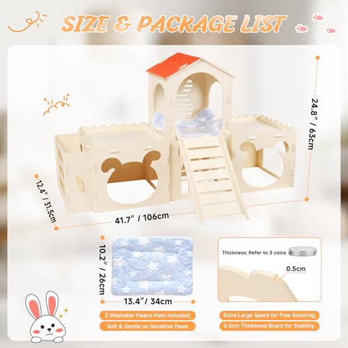 Extra Large Rabbit Castle with 2 Soft Fleece Mats, Upgraded 0.5cm Thicker Wooden Bunny Hideout, Indoor Small Animal House and Habitat for Guinea Pigs, Chinchillas, Vibrant Orange Roof Design