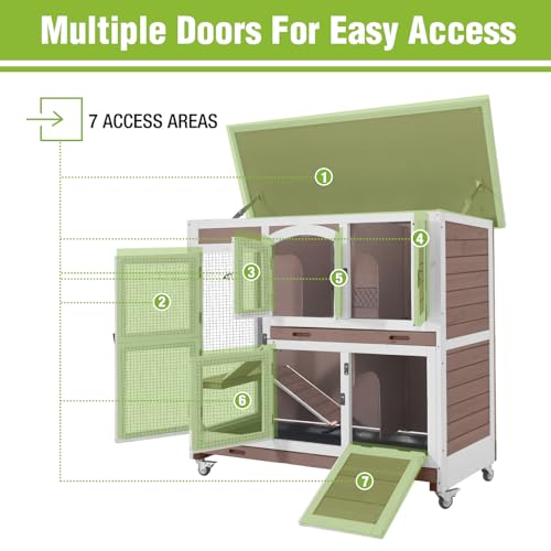 Rabbit Hutch Indoor & Outdoor, Mobile Bunny Hutch with Wheels, Wooden Rabbit Cage with 2 Pull Out Trays and Ramp, Two-Story Design Guinea Pig Cages