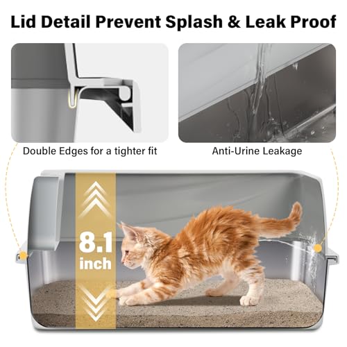 Stainless Steel Litter Box with Lid,Kitten Litter Box for Small Cats | Open Top Low Entry Litter Box,Metal Kitty Litterbox,Odor Control,Anti-Leakage, Non-Sticky, Includes Mat&Scoop,17.5x13.6x8in, - color: M:17.5"L x 13.6"W x 8"H