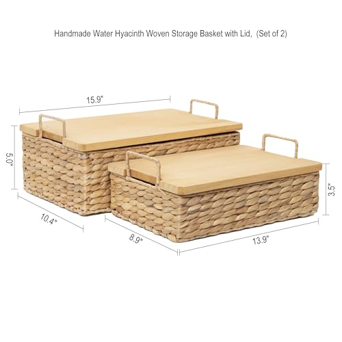 Handmade Water Hyacinth Woven Storage Basket with Lid, Multi - Functional Wicker Organizing Baskets (Set of 2) - size: Large and Small (Set)