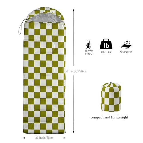 Sleeping Bags for Adults and Kids Backpacking Camping Sleeping Bags for Girls and Boys Lightweight Waterproof Cold/Warm Sleeping Bag for All Season - color: Green and White Check