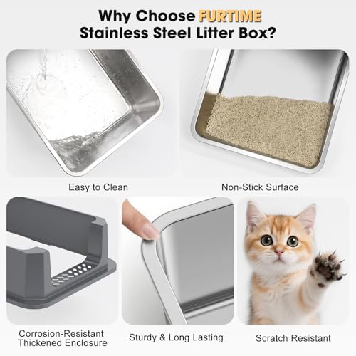 FURTIME Stainless Steel Cat Litter Box, Extra Large Cats Metal Litter Box | High-Sided Open-Top Easy-Clean Litter Pan, Non-Stick, Anti-Leakage, Odor-Free, Comes with Scoop & Mat, 23"×15"×10.5" - color: Grey, size: Large