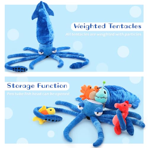 Giant Squid Stuffed Animal with 4 Sea Animal Plush, Blue, 41.3" | 5Pcs Squid Plush Toy: Crab, Seahorse, Clownfish & Anglerfish; Zipper Head Storage; Weighted Tentacles; Birthday Gift for Kids - style: Squid Blue