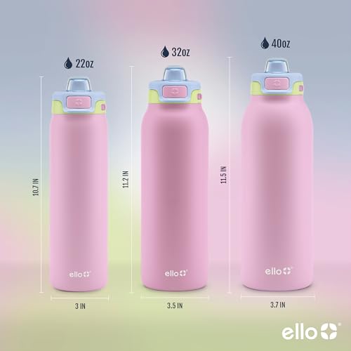 Ello Pop & Fill Insulated Stainless Steel Water Bottle with Quick Fill Lid, Leakproof Locking, Sip or Chug Spout, BPA-Free, Double Wall Vacuum Insulated for Sports, Travel & School- 22oz / 32oz / 40oz - color: Rosy Skyline, style: 22oz