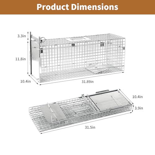32" Heavy-Duty Humane Animal Trap Cage | Heavy-duty folding animal trap, suitable for stray cats, raccoons, and rabbits weighing up to 17 pounds