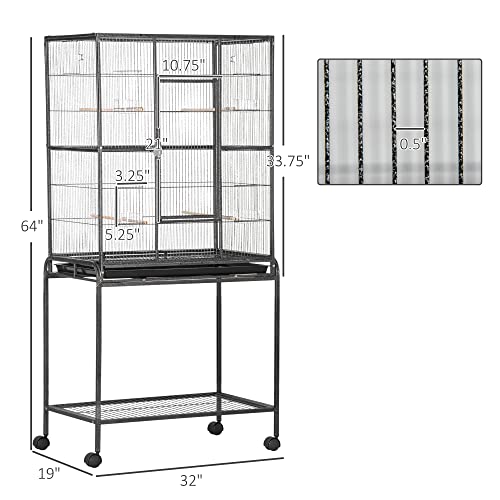 PawHut 30" Rolling Metal Bird Cage Feeder with Detachable Rolling Stand, Storage Shelf, Wood Perch & Food Container | Storage Shelf, Wood Perch, Food Container - size: 30.3"L x 18.5"W x 64.0"H