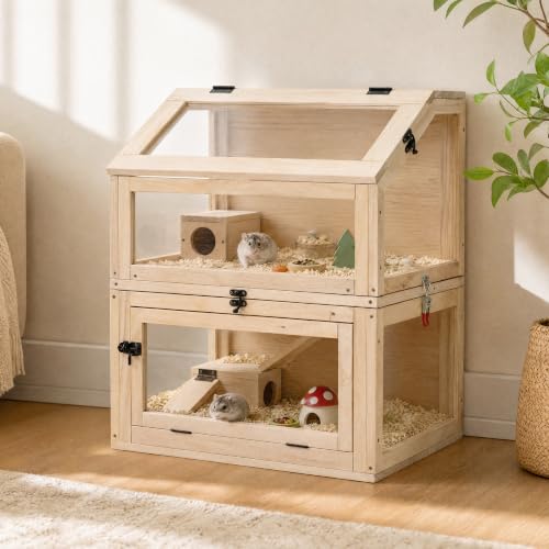2-Tier Wooden Hamster Cage, 28"T Detachable Acrylic Habitat with Top Access | Ventilated Roof, Fold-Down Door, Closeable Passage, Dual Hideouts, Sliding Panels - color: Natural Wood, size: 23.6"L x 15.8"W x 27.6"H