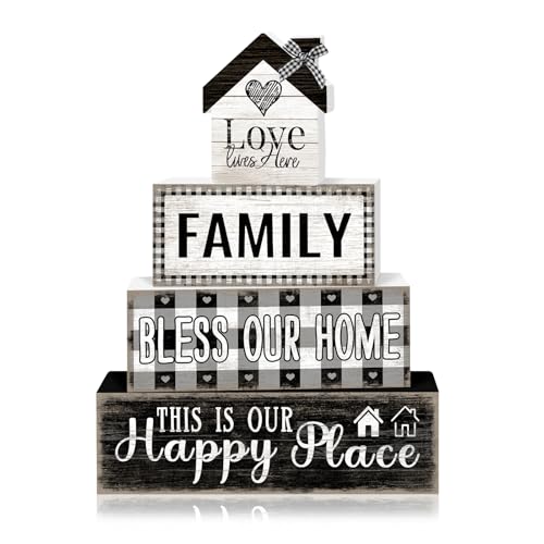 Tiered Tray Decor Set, 4 Pcs, Wooden, for Home Kitchen, Family | Rustic Buffalo Plaid, Farmhouse Rustic Summer Coffee Table Centerpieces Office Decorations - style: Family