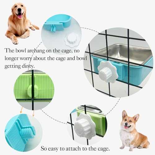 kathson Crate Dog Bowl, Removable Stainless Steel Hanging Pet Kennel Cage Bowl Food & Water Feeder Coop Cup for Puppy, Cat, Rabbit, Guinea Pigs 2pcs Small Square(Blue, Green) - color: Square (Blue, Green), size: 2 PCS