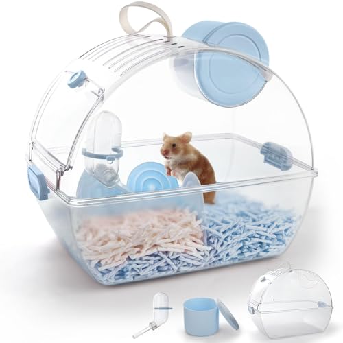 Small Portable Hamster Cages,Big Size(13×8.2×10.8'') Hamster Carrier with Water Bottle,Dwarf Hamster Travel Cage with Storage Box,360º Transparent Acrylic Pet Travel Carrier,Mouse Gerbil Cage(Blue)